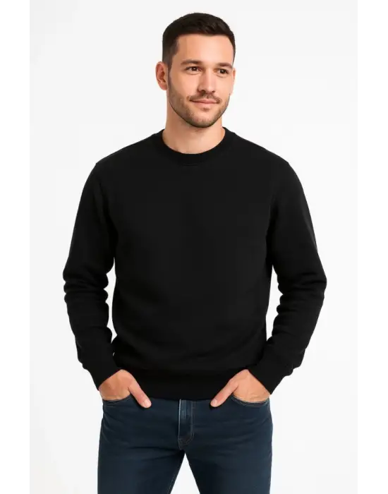 Erkek Üç İplik Düz Bisiklet Yaka SweatShirt - Siyah