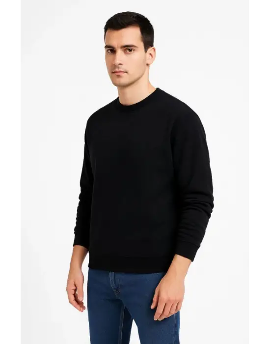 Erkek Üç İplik Düz Bisiklet Yaka SweatShirt - Siyah