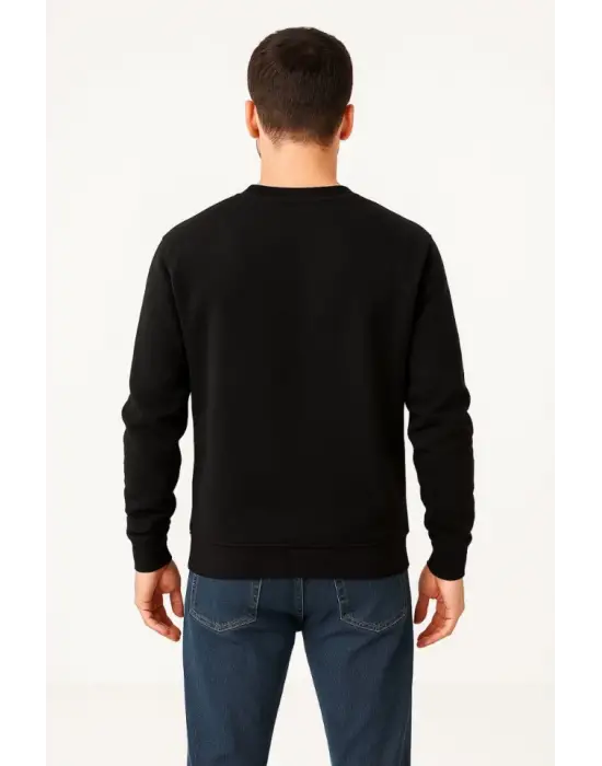 Erkek Üç İplik Düz Bisiklet Yaka SweatShirt - Siyah