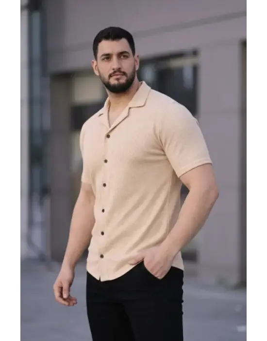 Erkek Waffle Kumaş Kısa Kollu Düğmeli Açık Yaka Regular Fit Gömlek - Bej