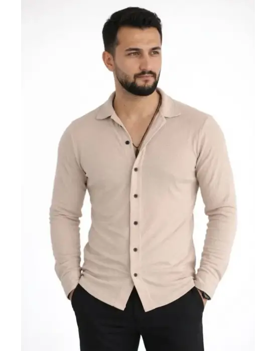 Erkek Waffle Kumaş Uzun Kollu Düğmeli Açık Yaka Regular Fit Gömlek - Bej