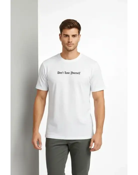 Erkek Wafıl Kumaş Tişört Regular Kalıp Bisiklet Yaka Baskılı Günlük Basic T-Shirt - Beyaz
