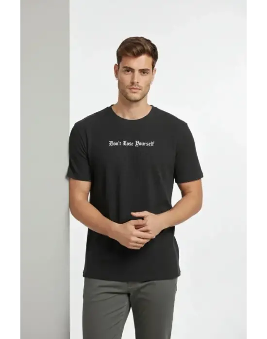Erkek Wafıl Kumaş Tişört Regular Kalıp Bisiklet Yaka Baskılı Günlük Basic T-Shirt - Siyah