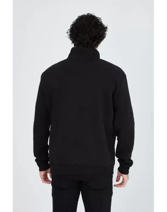 Erkek Yarım Fermuarlı Baskılı Sweat - Siyah