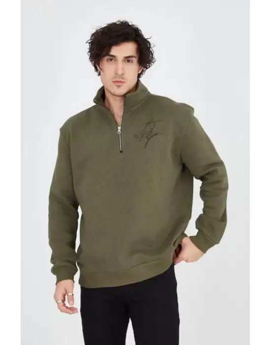 Erkek Yarım Fermuarlı Baskılı Sweat - Yeşil