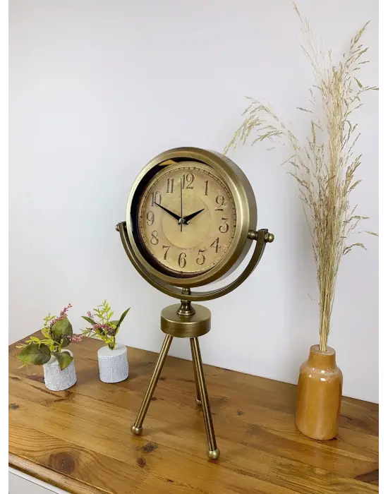 Eskitme Metal Mini Tripod Dekoratif Masa Saati 45×26 cm
