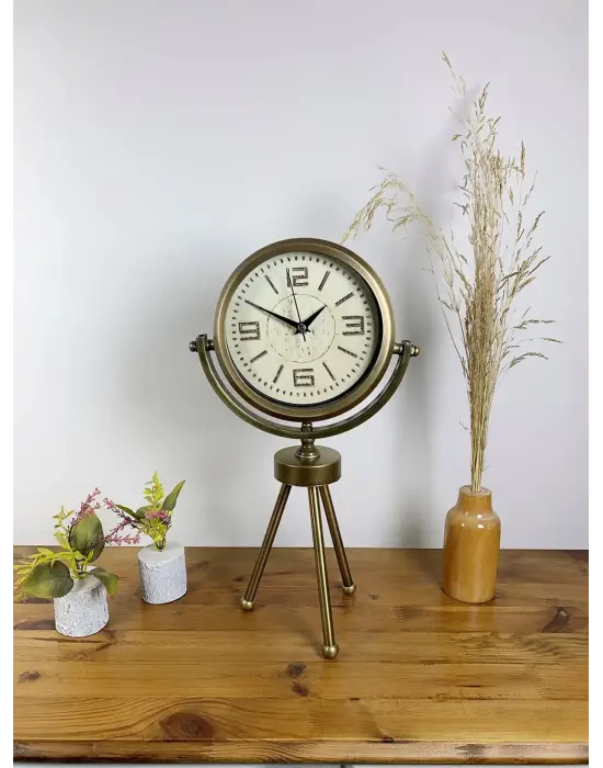 Eskitme Metal Mini Tripod Vintage Masa Saati 45×26 cm