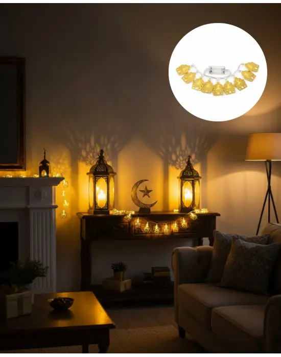 Ev Dekoru İçin Ramazan Led Işık Pilli Sıcak Sarı Cami Figürlü