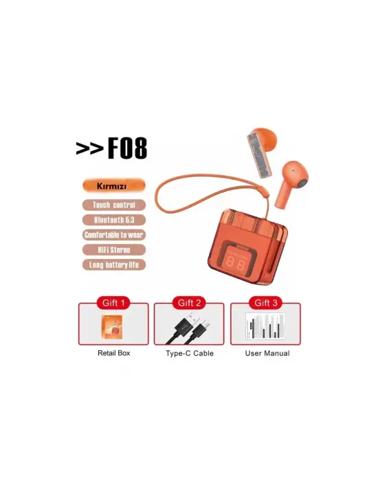 F08 Dijital Şarj Göstergeli Tws Bluetooth Kulaklık - Kırmızı