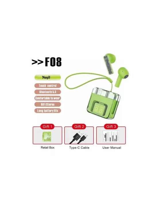 F08 Dijital Şarj Göstergeli Tws Bluetooth Kulaklık - Yeşil