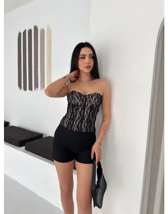 Fermuarlı Dantel Korse Straplez Bustiyer Transparan Şık Top - Bej