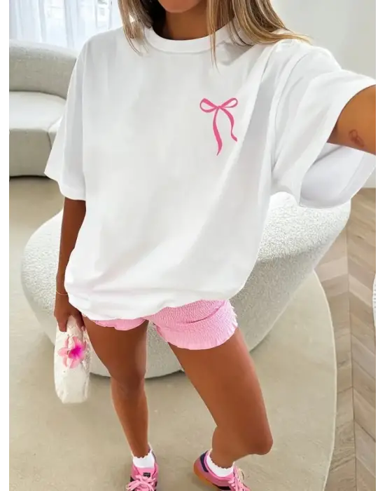 Fiyonk Baskılı Oversize Bisiklet Yaka T-shirt - Beyaz