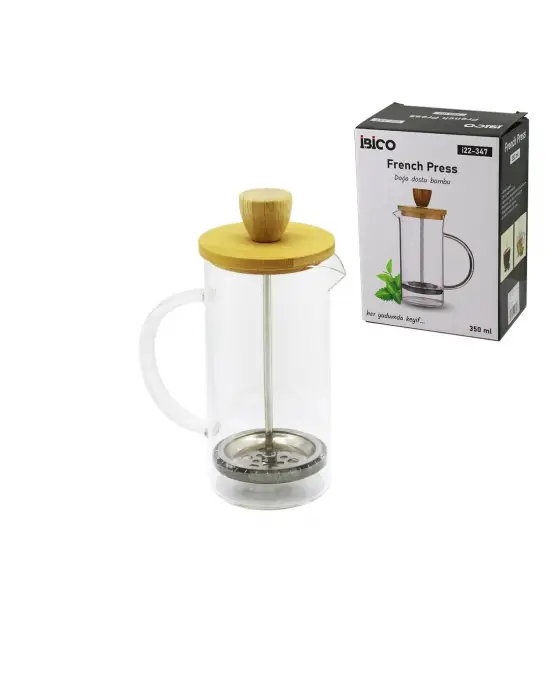 French Press Bambu Kapak 350ml Cam Bitki Süzgeçi