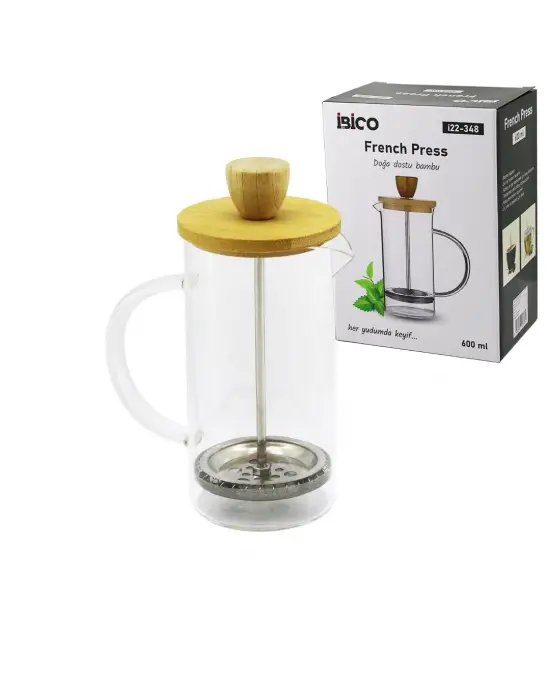 French Press Bambu Kapak 600ml Cam Bitki Süzgeçi
