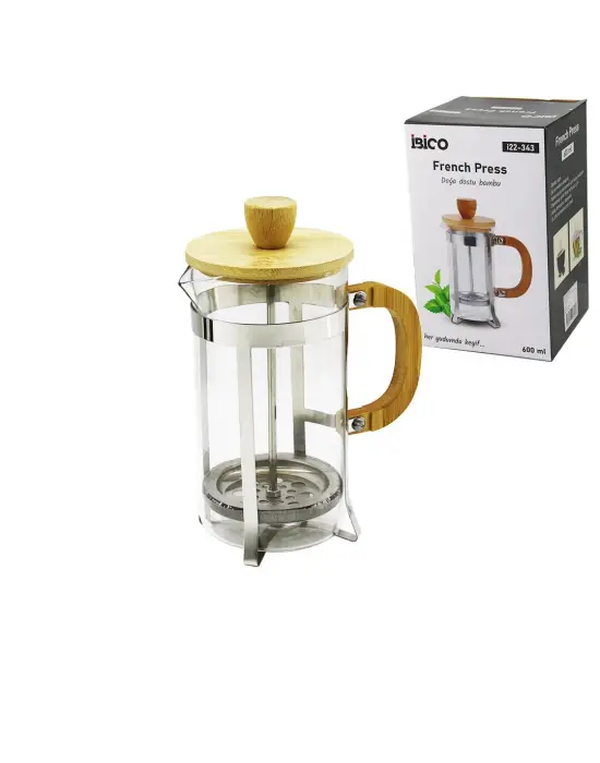 French Press Metal Kafes - Bambu Sap Bambu Kapak 600ml Cam Bitki Süzgeçi