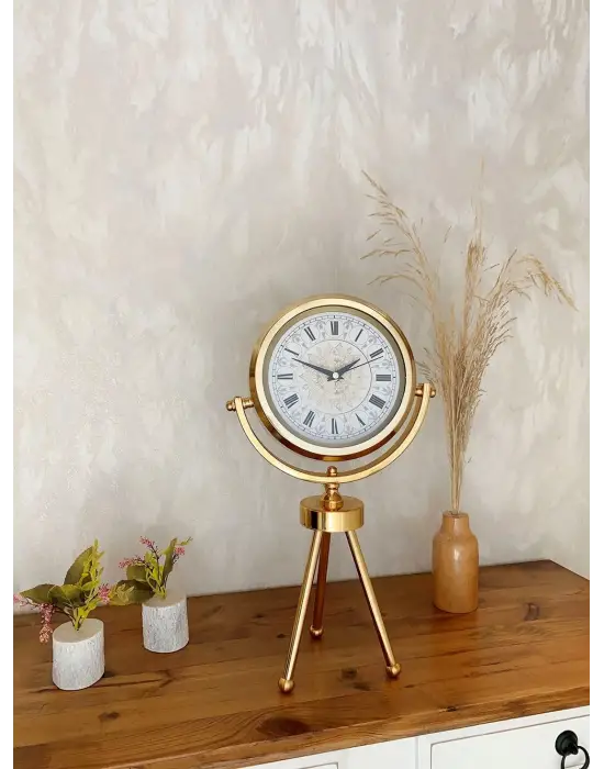 Gold Metal Mini Tripod Çini Desenli Roma Rakamı Masa Saati 45×26 cm