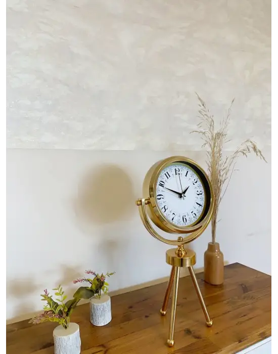Gold Metal Mini Tripod Desenli Masa Saati 45×26 cm