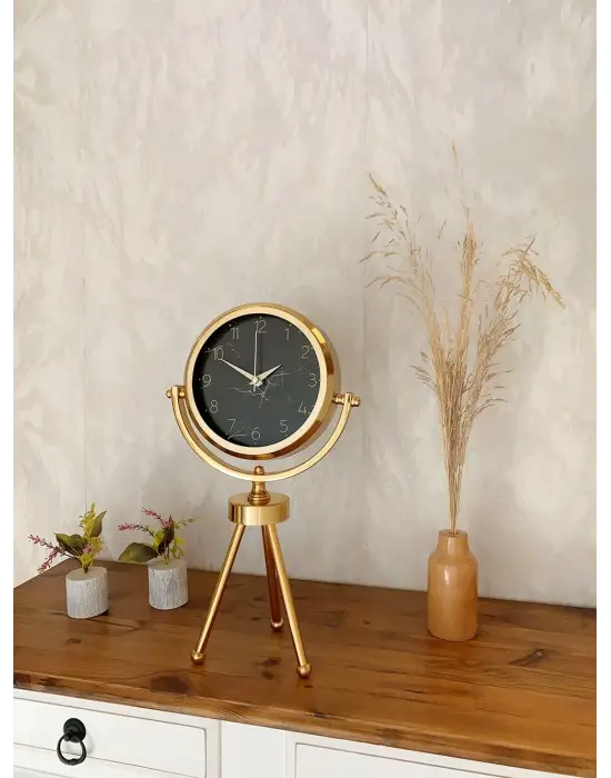 Gold Metal Mini Tripod Mermer İlhamı Masa Saati 45×26 cm