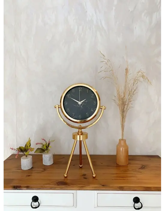 Gold Metal Mini Tripod Mermer İlhamı Masa Saati 45×26 cm