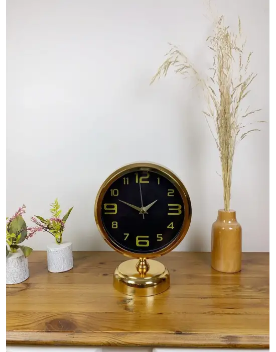 Gold Metal Siyah İnci Masa Saati 25×20 cm