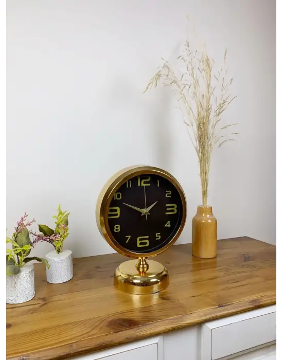 Gold Metal Siyah İnci Masa Saati 25×20 cm