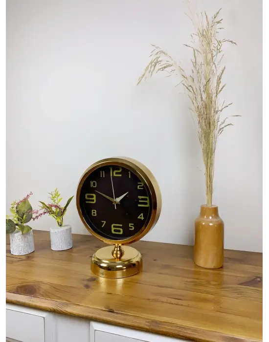 Gold Metal Siyah İnci Masa Saati 25×20 cm