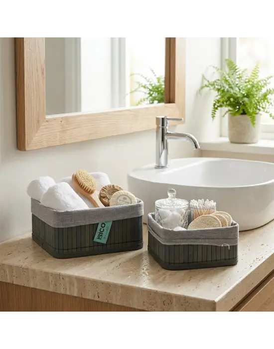 Gri 2 Boy Kare Bambu Kenar Organizer Sepet Ahşap Altlık - Bezli 18x21cm