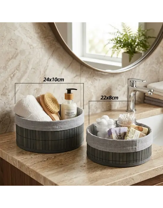 Gri 2 Boy Yuvarlak Bambu Kenar Organizer Sepet Ahşap Altlık - Bezli Çap=22x24cm