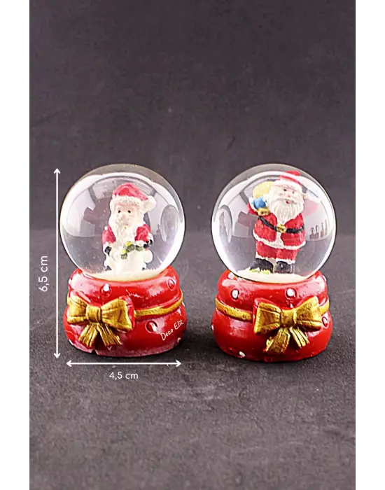 2 Adet Yeni Yıl Noel Baba Temalı Kurdele Detaylı Mini Boy Işıklı Kar Küresi 6,5 cm B