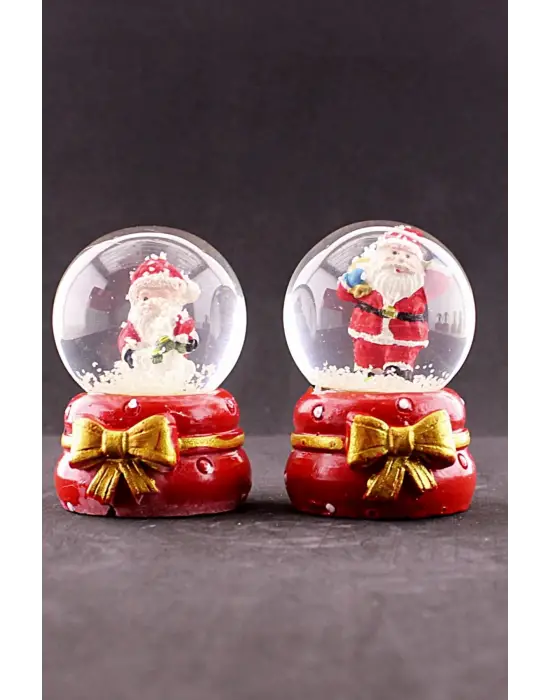 2 Adet Yeni Yıl Noel Baba Temalı Kurdele Detaylı Mini Boy Işıklı Kar Küresi 6,5 cm B
