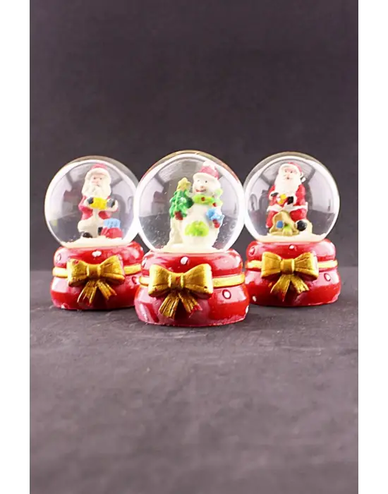3 Adet Yeni Yıl Noel Baba Temalı Kurdele Detaylı Mini Boy Işıklı Kar Küresi 6,5 cm B
