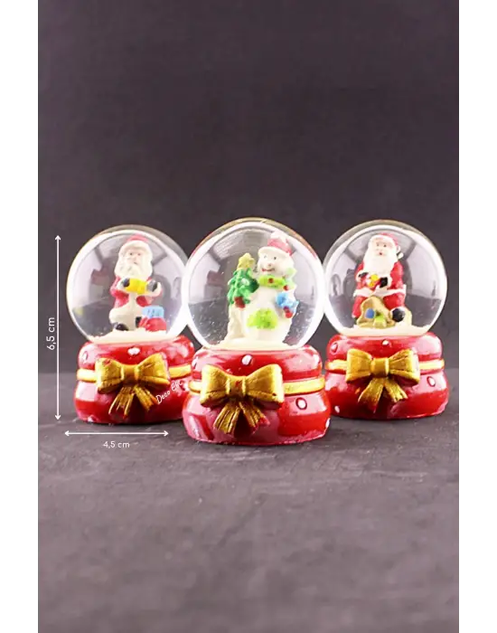 3 Adet Yeni Yıl Noel Baba Temalı Kurdele Detaylı Mini Boy Işıklı Kar Küresi 6,5 cm B