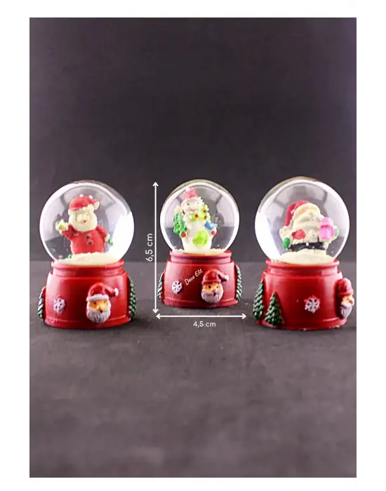 3 Adet Yılbaşı Noel Baba ve Kardan Adam Temalı Mini Boy Işıklı Kar Küresi 6,5 cm A