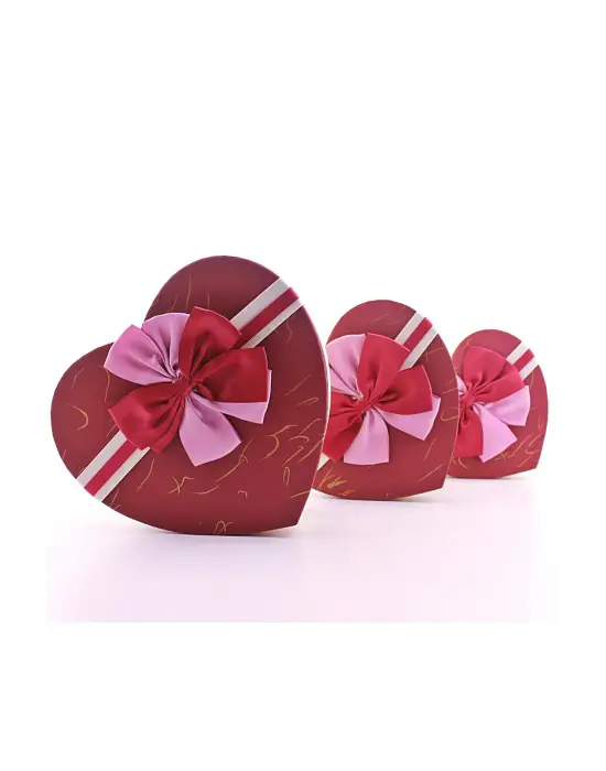 3 Lü Set Kalp Şeklinde Kurdeleli Karton Kutu Kırmızı - Bej