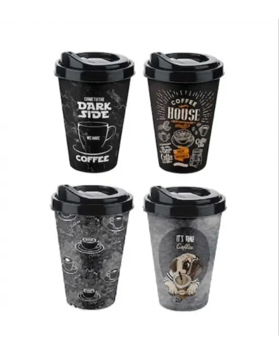 ieg™ 4 Adet Kahve Bardağı - Kapaklı Desenli 400ml