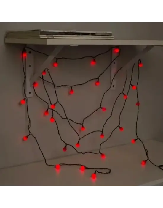 5m 28 LED Mini Top Işık Kırmızı - Fişli, Siyah Kablo