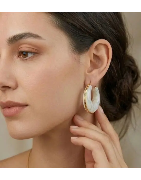 IEG - Beyaz Marble Gold Halka Küpe
