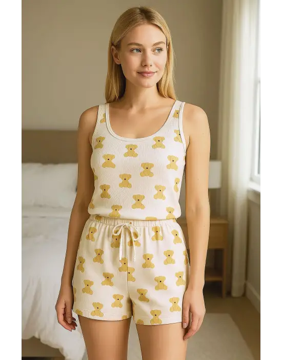 ieg™ Beyaz Üstüne Ayıcık Desenli Askılı Şortlu Pijama Takımı