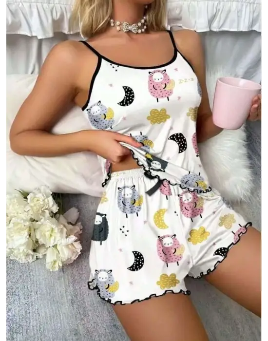 ieg™ Beyaz Üstüne Desenli İnce Askılı Şortlu Pijama Takımı