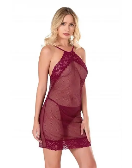 ieg™ Bordo Kısa File-Tül Gecelik 8132