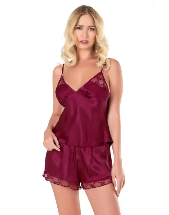 ieg™ Bordo Saten Babydoll Şort Takımı