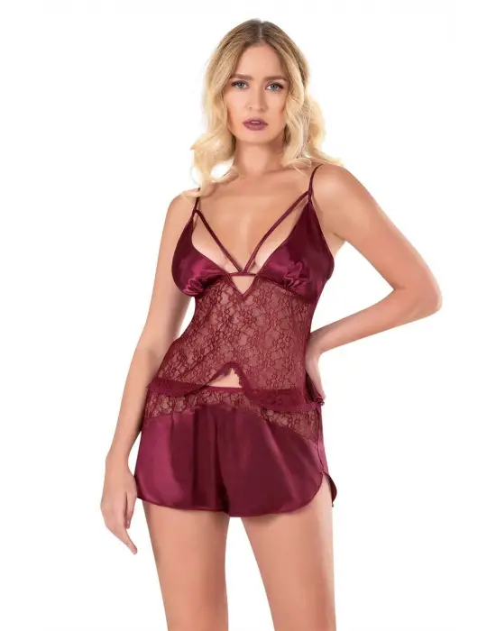 ieg™ Bordo Saten Babydoll Şort Takımı