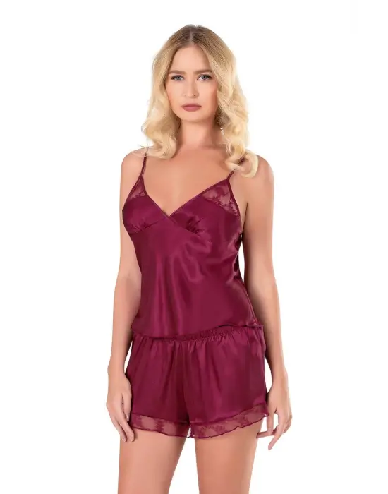 ieg™ Bordo Saten Babydoll Şort Takımı