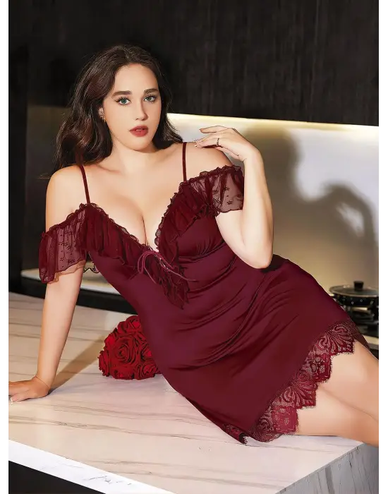 ieg™ Büyük Beden Bordo Dantel İşlemeli İnce Askılı Gecelik