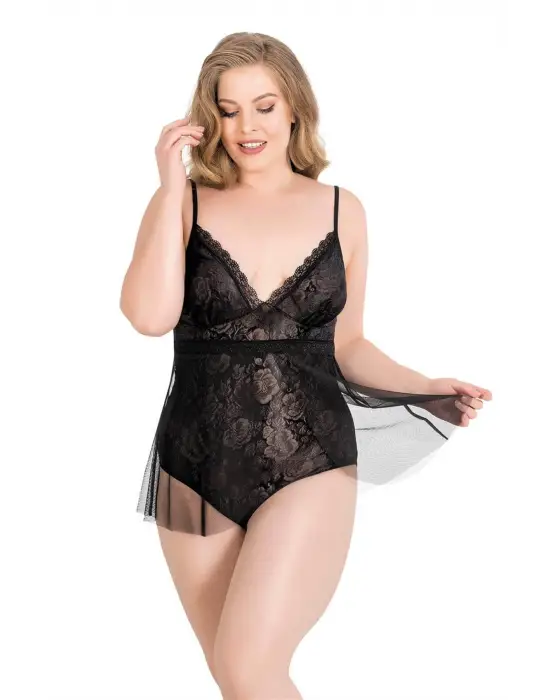ieg™ Büyük Beden Siyah Bodysuit Jakarlı Gecelik