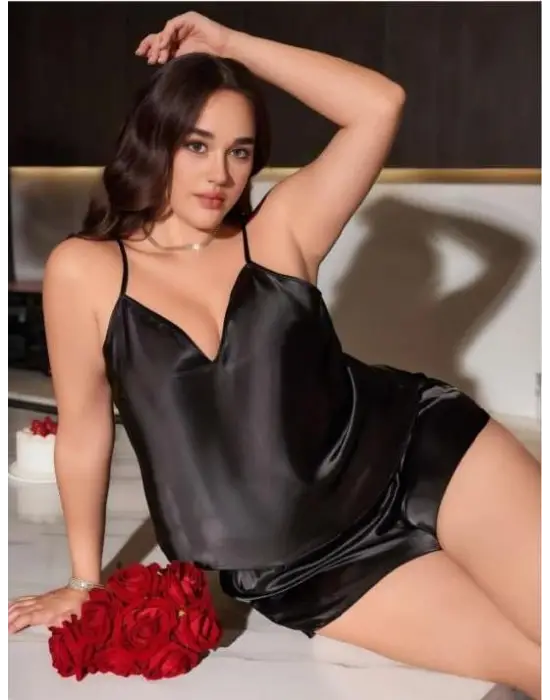 ieg™ Büyük Beden Siyah Saten Şortlu Takım