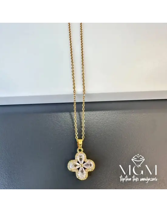 IEG - Çelik Zirkon Taşlı Yonca Kolye