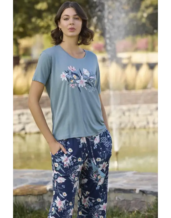 ieg™ Çiçek ve Yaprak Desenli ve Baskılı Pijama Takımı
