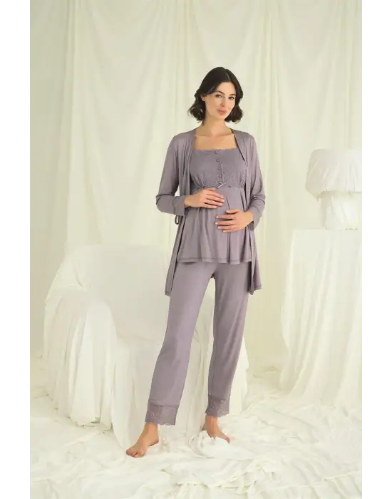 ieg™ Dantelli Önü Düğmeli Hamile Lohusa 3lü Pijama Takımı