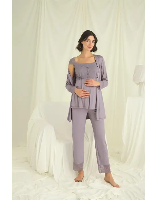 ieg™ Dantelli Önü Düğmeli Hamile Lohusa 3lü Pijama Takımı